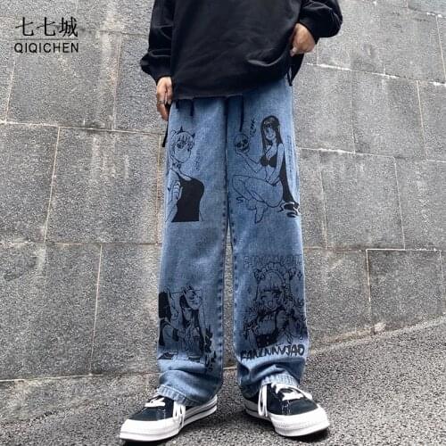 Harajuku Anime Girl Pattern Print Jeans Women Streetwear Jeans Vintage Washed Jeans Loose Wide Leg Pants Man Graffiti Jeans