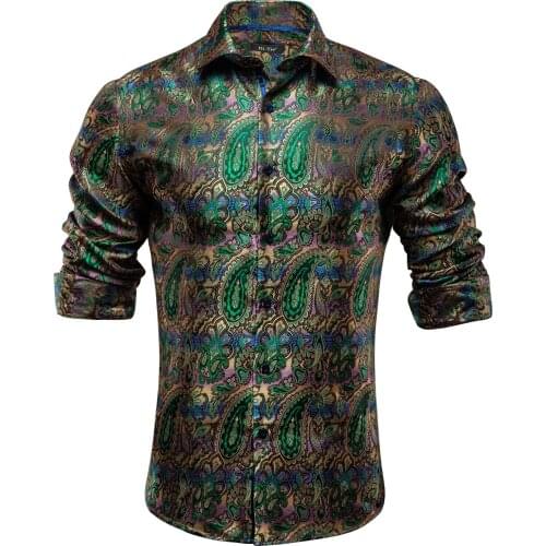 Hi-Tie Green Purple Paisley Casual Mens Shirt Luxury Silk Shirt For Men Wedding Dress Fashion Slim Fit Long Sleeve dropshipping