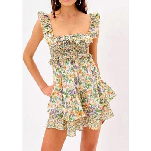 GypsyLady Floral Printed Mini Dress Ruffles Hollow Out Vintage Chic Holiday Women Dress Sleeveless Tiered Sexy Ladies Dresses