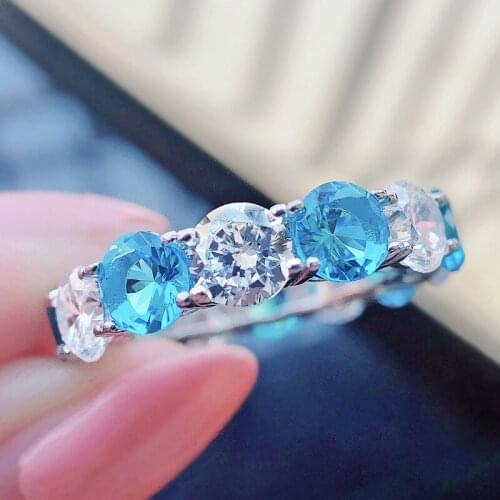 Fashion Crystal Round Wedding Ring Cute Female Aquamarine Ruby Red Stone Ring Luxury Sterling Silver Engagement Rings For Women