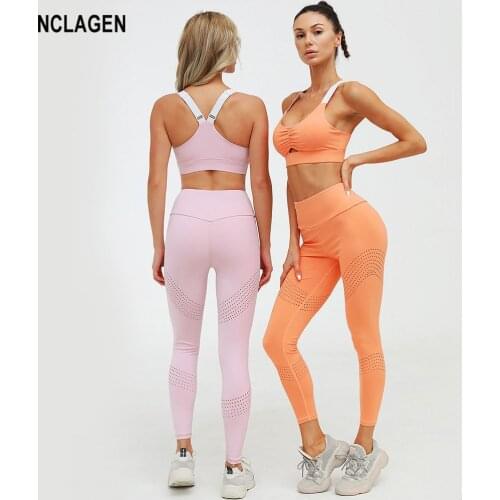 NCLAGEN Yoga Set Women Sportwear 2 Piece Workout Clothes Gym Leggings Bra Adjustable Push Up Mesh Sport Outfit Fitness Suit