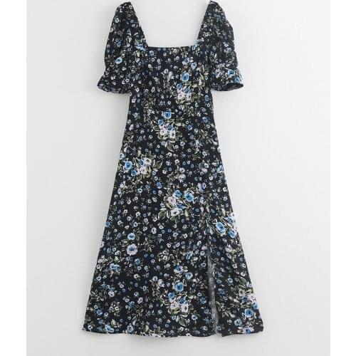 New French Square Collar, Short Sleeve, Forked Flower Printed Mid-long Dresses for Summer 2019
