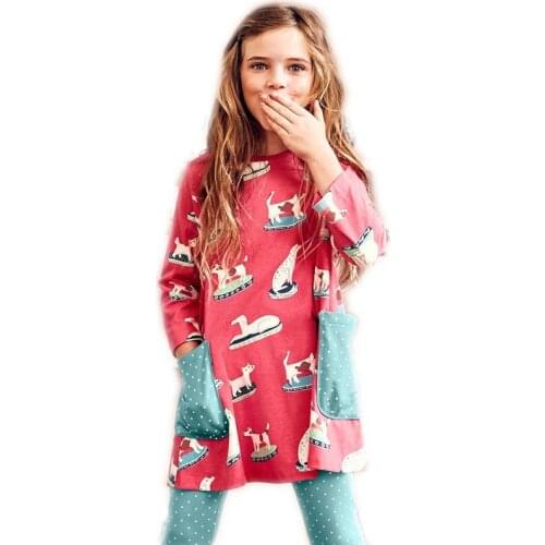 2-7 Years Girls Long Sleeve Dress Spring Autumn 100% Cotton Cute Dog Printing Casual Dresses Kids Clothing KF612