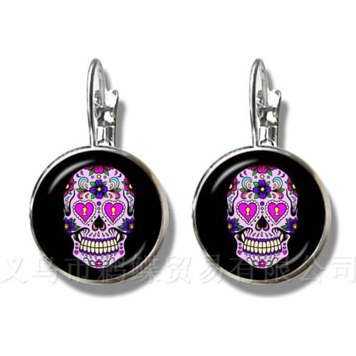 Pinkycolor Skeleton Earrings 16mm Glass Dome Time Gem Silver Plated Jewelry Day of the Dead French Hook Earrings For Women Gift