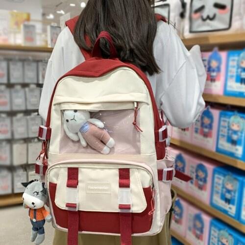 DCIMOR New Contrast Color Waterproof Nylon Women Backpack Female Transparent Pocket Travel Bag Teenage Girl Button Big Schoolbag