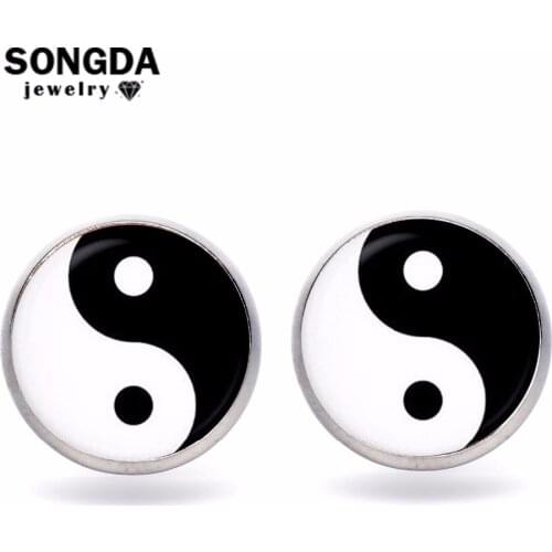 SONGDA Simple Personality Yin Yang Stud Earrings Tai Chi Diagram Glass Cabochon Time Gem Pendant Earrings Punk Men Women Jewelry