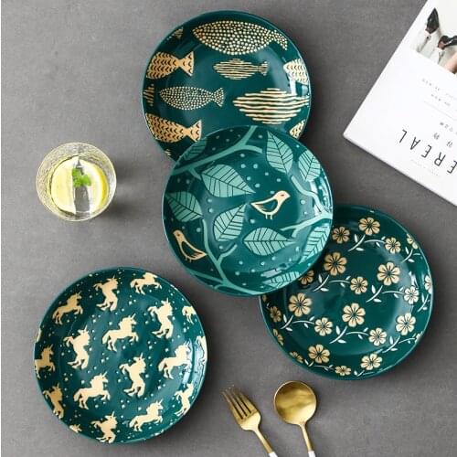 8 Inch Green Dinner Plate Nordic Ceramic Dinner Dishes Dessert Tray Steak Plate Breakfast Cake Fruit Dish Household Dinnerware