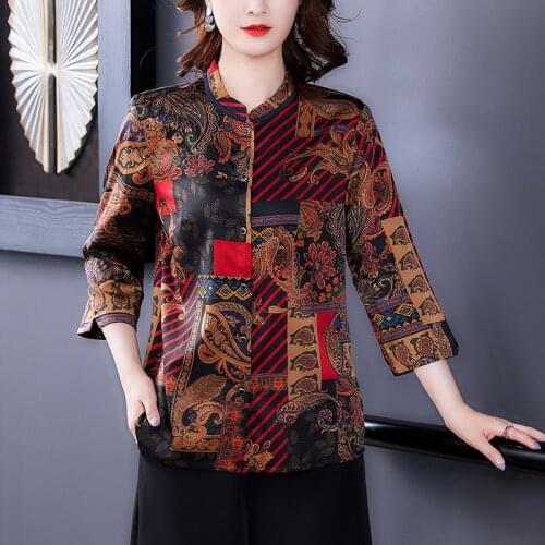 2021 Women Elegant Bodycon Blouses Summer Casual Satin Print Mulberry Silk Shirts Spring Vintage 4XL Plus Size Tops and Blouses