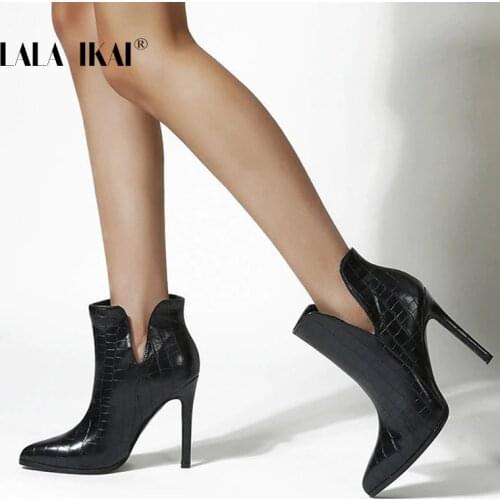 LALA IKAI Womens Ankle Boots Pointed Crocodile Embossing Short Stiletto Boot Slip-on 2020 Fashion Female Autumn Winter C10334-4