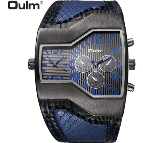 OULM Quartz Watches Men 2 Time Zone Fashion Oversize Watches Steanpunk Mens Watch Leather Band Casual Male Analog Male Clock