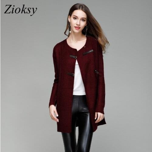 Zioksy 2017 Casual Long Knitted Cardigan Sweater Coat Autumn Winter Women Solid Color Long Sleeve Leather Button Design Female