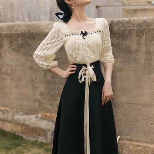 Spring Autumn Women 2 Piece Set Modern Vintage Outfits Slim Lady Royal Square Collar Lace Shirt & Black Patchwork Bandage Skirt