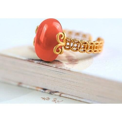 S925 Sterling Silver Inlaid Natural Hetian Jade South Red Oval Egg Face Coin Hollow Ring Setting Retro Elegant Ring for Women
