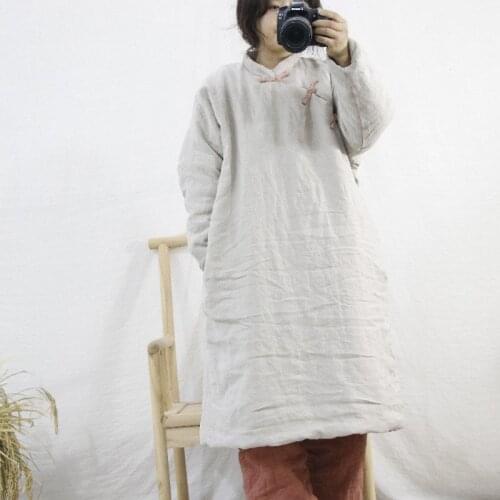 Women Loose Cotton Linen Padded Long Coat Parkas Ladies Solid Color Winter Coat Female Loose Coat 2020