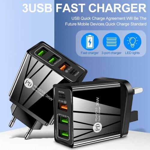 Mobile Phone Charger Power Adapter For IPhone 12 11 PD Type C 20W Multi-USB Charging Ports QC3.0 Quick Fast Charge EU/US/UK Plug