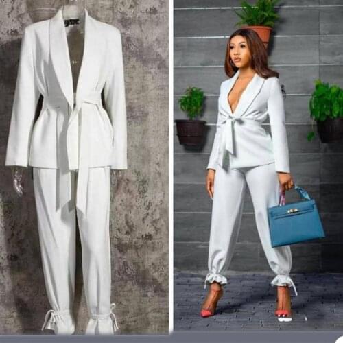 White Bridal Women Suits With Belt Bride Party Prom Tuxedos Blazer Red Carpet Leisure Outfit Suit (Jacket+Pants)