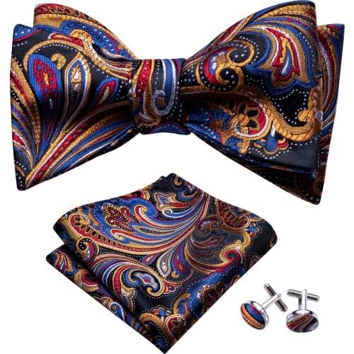 Self Bow Tie For Men Silk Butterfly Men Tie Fashion Gold Paisley Handky Cufflink Suit Collar Removable Necktie Barry.WangLH-1008