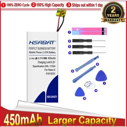 HSABAT 0 Cycle 450mAh Battery for iPod Nano 6 6th Gen 8GB 16GB High Quality Mobile Phone Replacement Accumulator