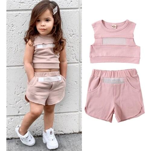 2PCS Fashion 2020 Toddler Kids Girls Clothes Set Sleeveless Mesh Top T-shirt+Shorts Outfits Casual Infant Girls Clothing