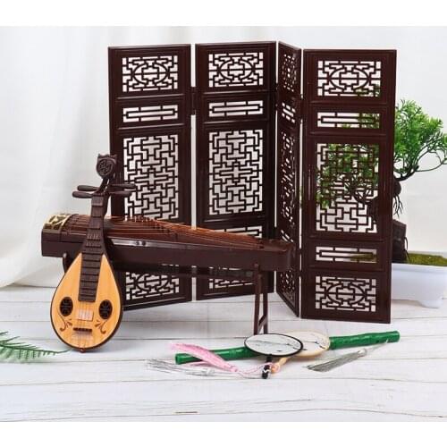 1pcs Exquisite Retro Dollhouse Miniature Folding Screen Flute Lute Guzheng Fan Life Scene Ornament