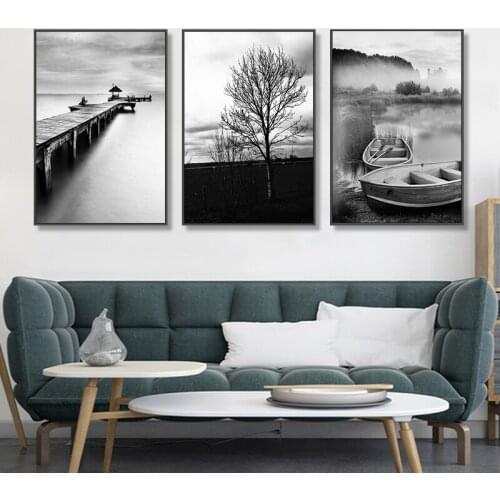 Minimalist Black And White Lake Tree Bridge Wooden Boat Poster Landscape Prints Nordic Wall Art Painting Pictures Home Decor