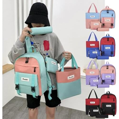 4-piece Fashionable Female Backpack Canvas Waterproof Bookbags For Teenage Girls Large Capacity Light Travel Bags