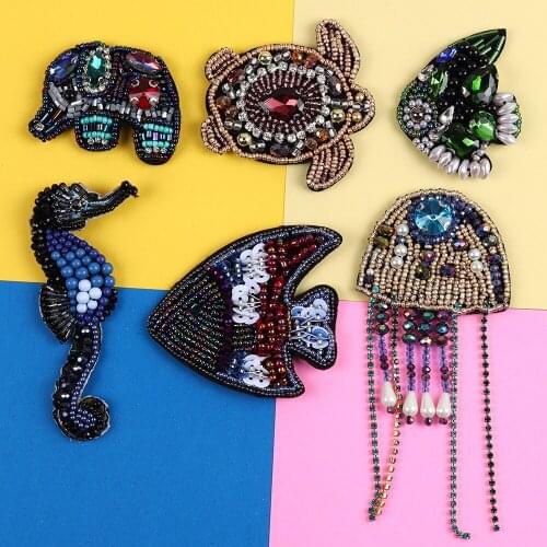 Handmade Sea Animal Jellyfish, sea elephant Patches With Crystal Beads Badge For Sewing Turtle Clothing Shoes Hat Accessories
