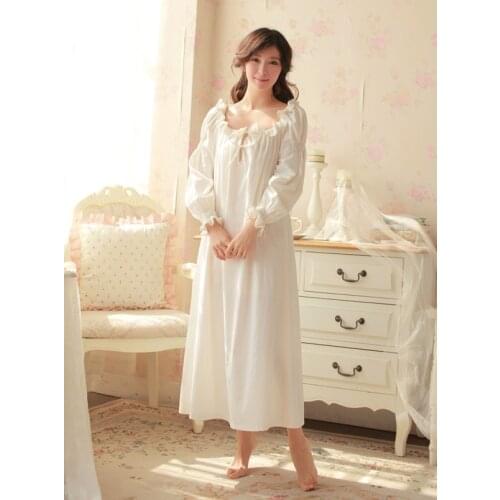 Free Shipping 100% Cotton Princess Nightdress Long White Pijamas Womens Nightgown Sleepwear Ladies Nightshirt negligee