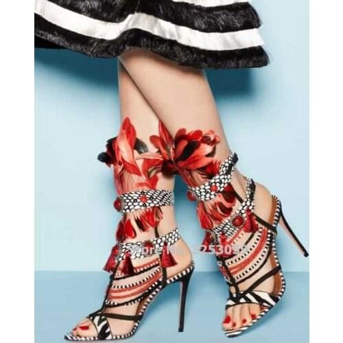 ALMUDENA Newest Designer Red Feather Color Block Gladiator Sandals Gorgeous Tassel String Beaded Gem Dress Shoes Stiletto Heels