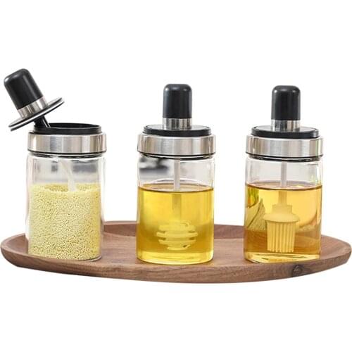 Condiment Pot with Lid and Spoon Glass Spice Jars Premium Seasoning Boxes Kitchen Spice Tools for Sugar Salt Pepper Oil Honey