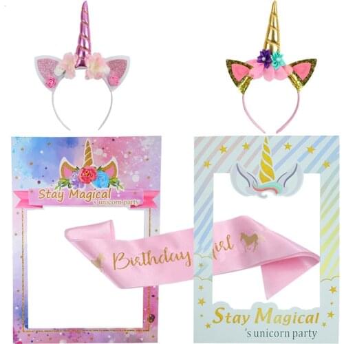 WEIGAO Rainbow Unicorn Photo Booth Props Unicorn Birthday Floral Paper Photo Frame Props Kids Birthday Party Decorations Unicorn
