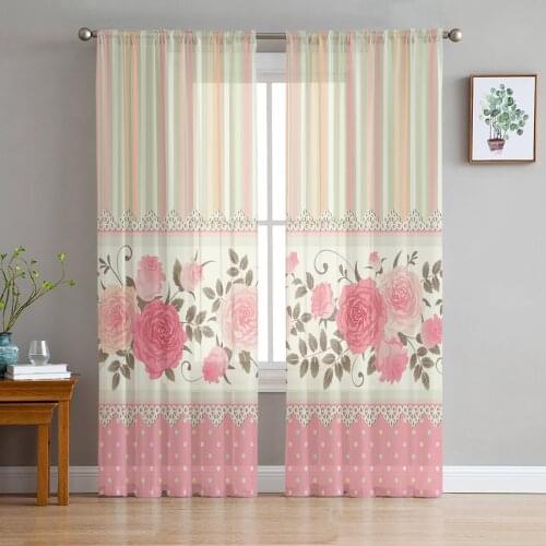 Rose Flower Pink Stripe Tulle Sheer Window Curtains for Living Room Kitchen Children Bedroom Voile Hanging Curtain