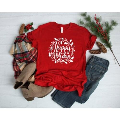 Happy Holidays Red Christmas T-Shirt Funny Letter Female Clothing Fashion Cotton O Neck Tshirt Casual Shirt Short Sleeve Top Tee