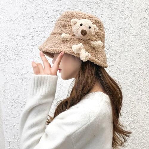 Bear Imitation Lamb Hair Fisherman Hat Autumn Winter New Hat Female Korean Version Wild Cute Plush Student Warm Basin Hat Tide