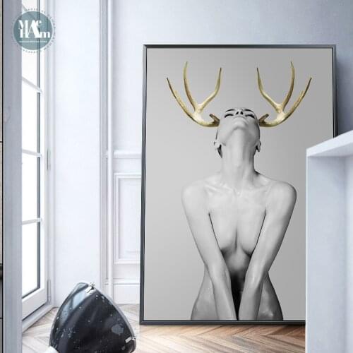 Nordic Antlers girls Figuars wall art Canvas Painting Prints Posters Black White Nude art Pictures for Living Room Morden Decor