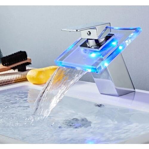 Bathroom Waterfall Led Basin Faucet Glass Waterfall Brass Washbasin Faucet Bathroom Mixer Tap Deck Mounted Basin Sink Mixer Tap