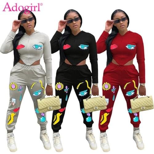 Adogirl Fashion Print Women Tracksuit Casual Active Two Piece Set Zipper Long Sleeve Hoodies Top Sweatpants Sporty Suits