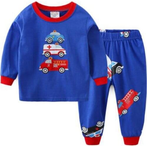 Spring Autumn Pijama Infantil Toddler Boy Pajamas Pjs Baby Kids Night Wear Cotton Fire Truck Children Home Clothing Blue 2-7Y