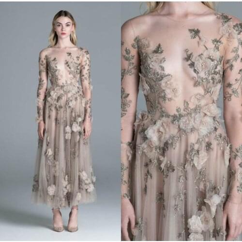 Prom Dresses Sheer Jewel Neck Lace Beads Sequins Cocktail Party Dress 3D Floral Flowers Illusion Evening Gowns Long Sleeves