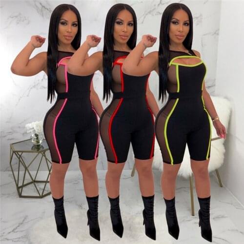 Women Sleeveless Mesh Patchwork Yoga Jumpsuit See Through Bodysuit One-piece Cut Off Hole Rompers Beach Sports Playsuit
