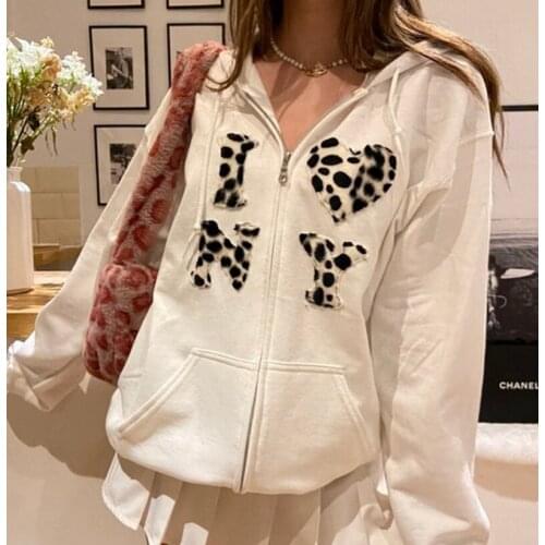Womens Long Sleeve Hooded Sweater Cardigan Adult Leopard Print Letter Pattern Shirt Pocket Drawstring 2021 Loose College Style