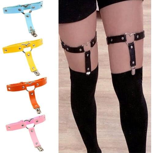 Women Gothic Punk Heart Ring Leg Garter Belt with Anti-Slip Metal Clip Elastic Adjsutable Harness Harajuku Thigh Ring