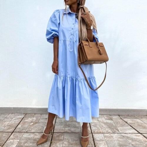 2021 Spring Summer Loose Women Party Dress Sexy Turn-down Collar Button Office Lady Dress Retro Half Sleeve Solid Long Dress 2XL