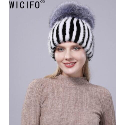 Winter real mink fur hats for women fox fur pompom ear protect caps warm lined knitted fur beanies fashion Russian hat
