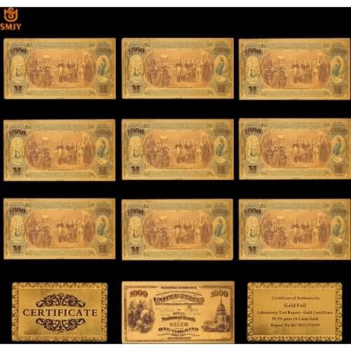 10Pcs/Lot US 1875 Gold Banknotes 1000 USD Bank Notes 24k Gold Plated Fake Money Replica Paper Banknotes For Collection
