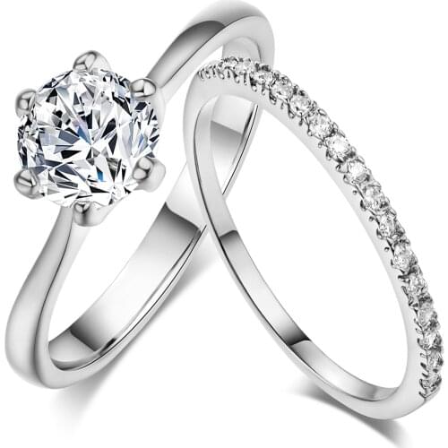 2pcs / Set Simple Engagement Ring Silver Plated Six Claw Zircon Ring Bridal Wedding Jewelry Party Accessories Valentines Gift