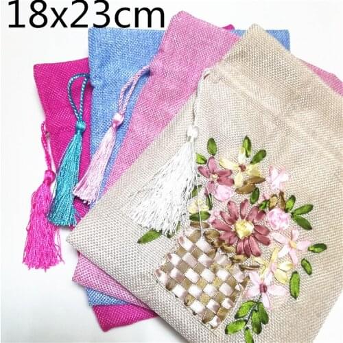 Hand Ribbon Embroidery Large Burlap Gift Bag Christmas Pouch Candy Bag Drawstring Bunk Fabric Wedding Party Favor Bags 50pcs/lot