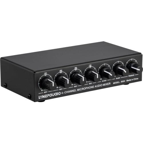 4 Channels B054 Microphone Mixer Support Stereo Output Mini Audio Mixer with Reverb Treble and Bass Adjustment USB 5V Mic Mixer