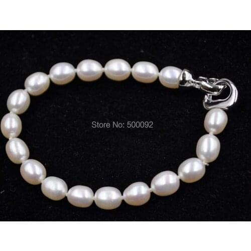 AAA 7" white 7mm rice freshwater pearl bracelet free shipping