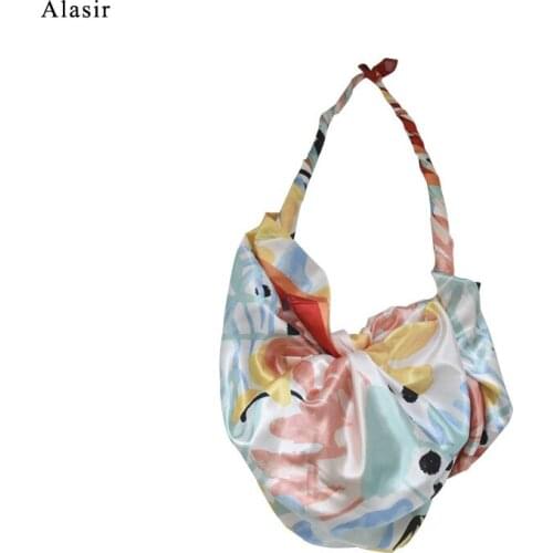 Alasir Retro French Silk Scarf Bag Vintage Flower Women Shoulder Bag Fashion Bamboo Handle Glossy Bag Silk Tote Bags for Women